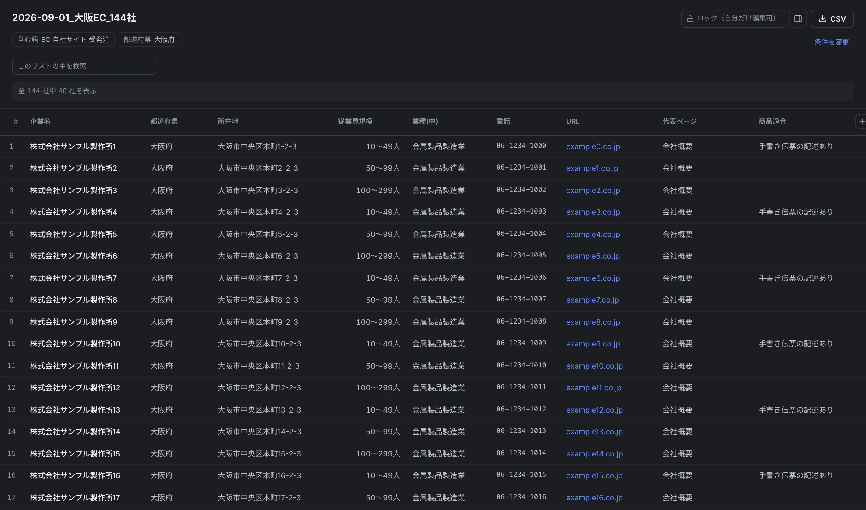 リストの画面。列の選択と CSV のボタンが右上にあります。
